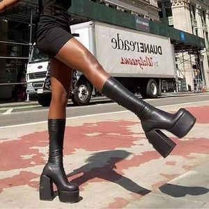 Black platform faux leather knee high boots
